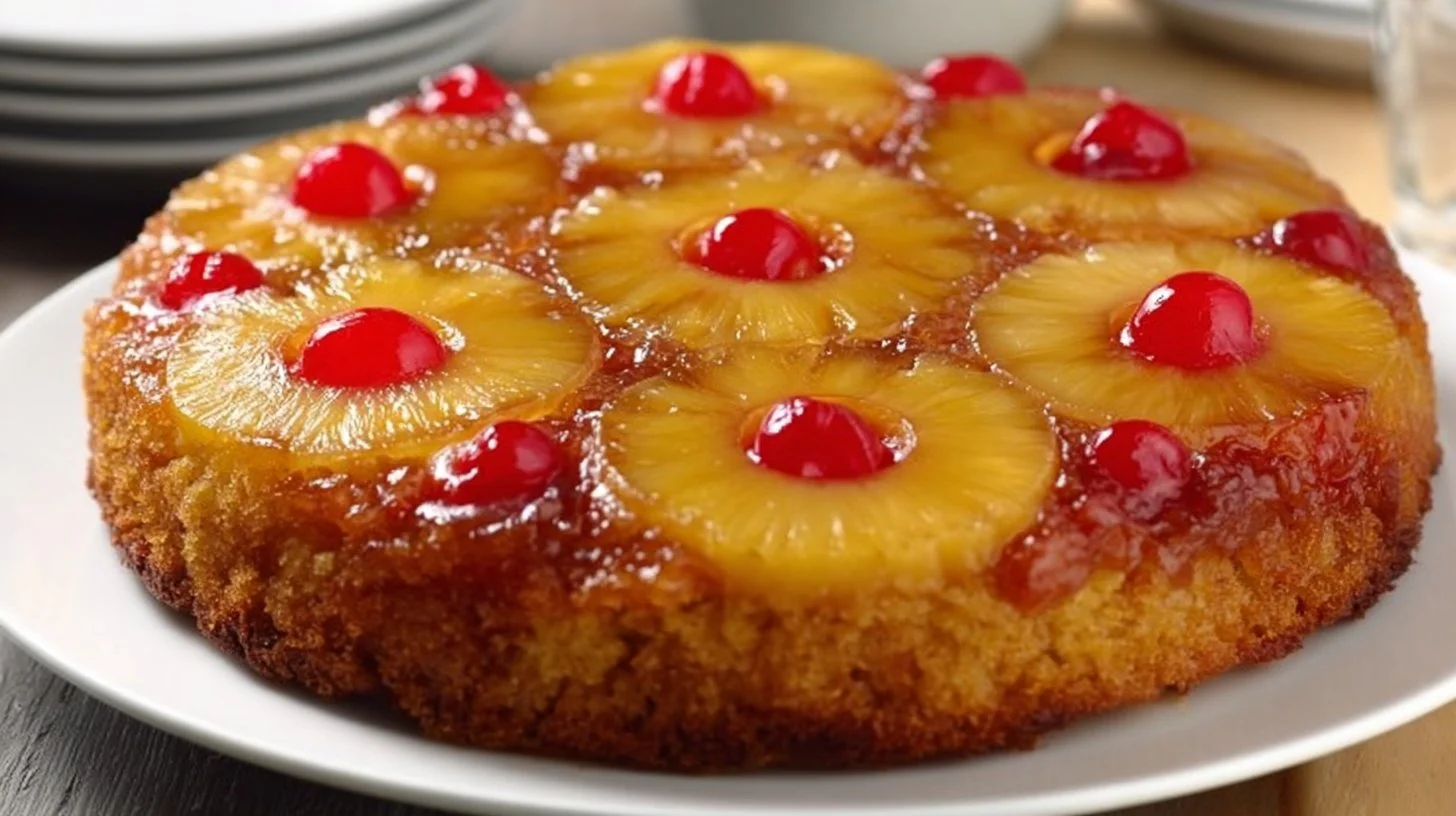 Gluten free pineapple upside-down cake topped with caramelized pineapple and cherries.