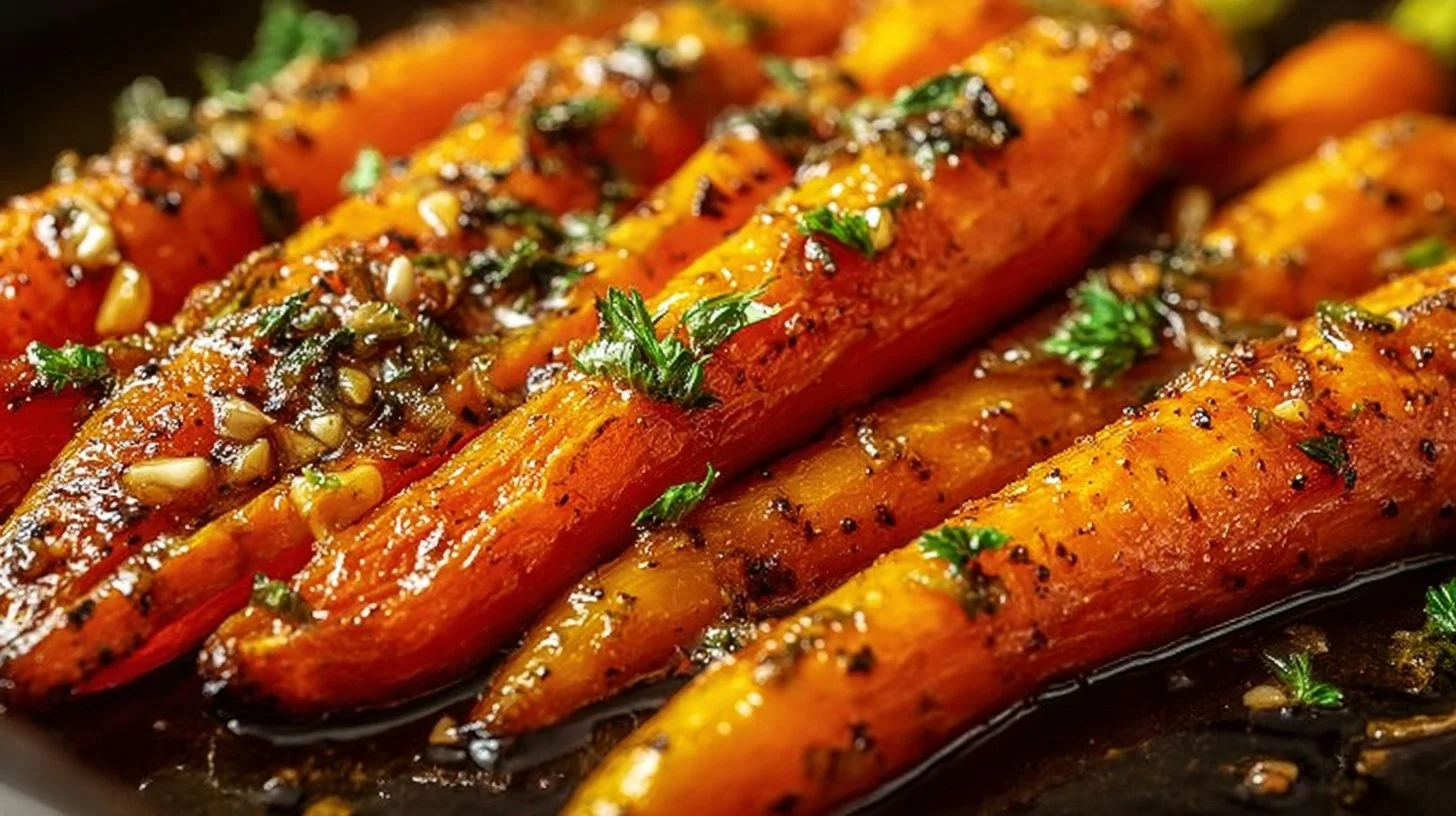 Honey garlic butter roasted carrots on a plate, beautifully glazed and garnished.