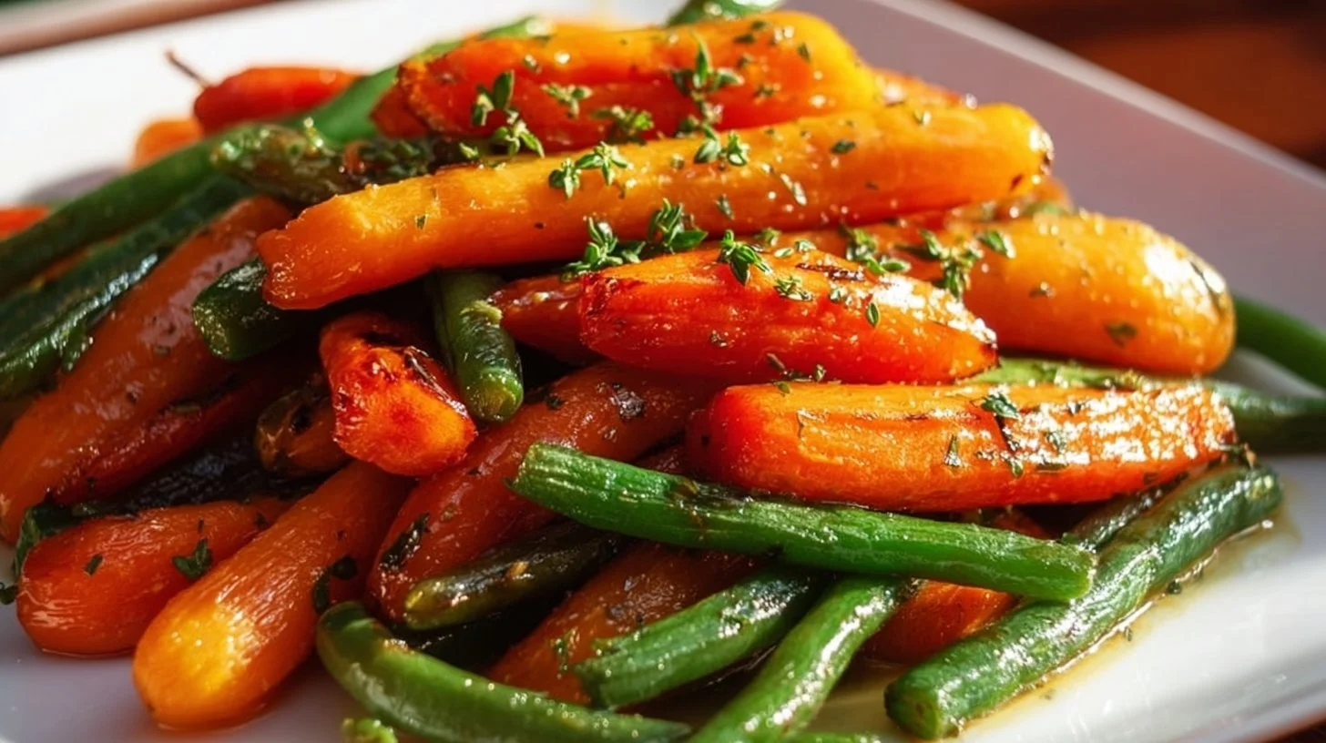 Honey glazed carrots and green beans served on a white plate