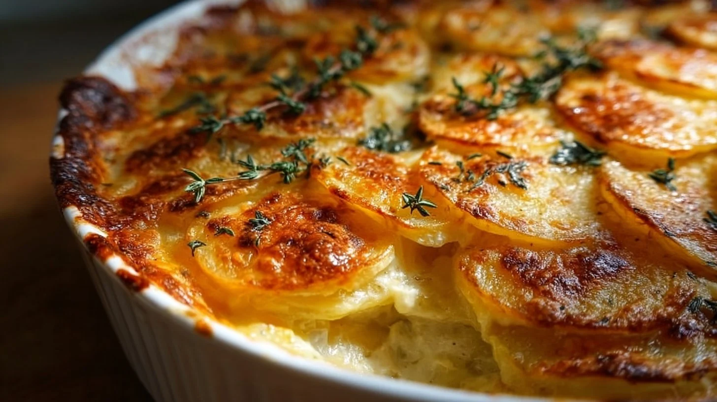 Delicious herbed cheddar scalloped potato dish beautifully baked and served.