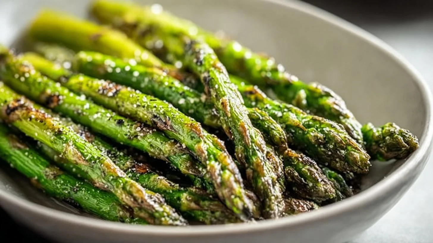 Lemon pepper roasted asparagus garnished and ready to serve as a side dish
