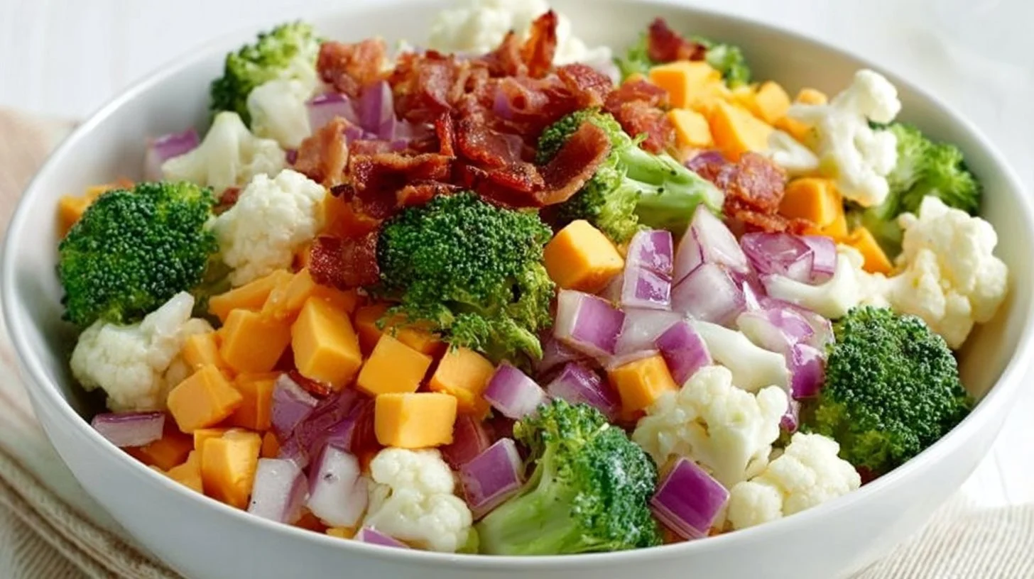 Delicious loaded broccoli salad with nuts, cheese, and dressing.