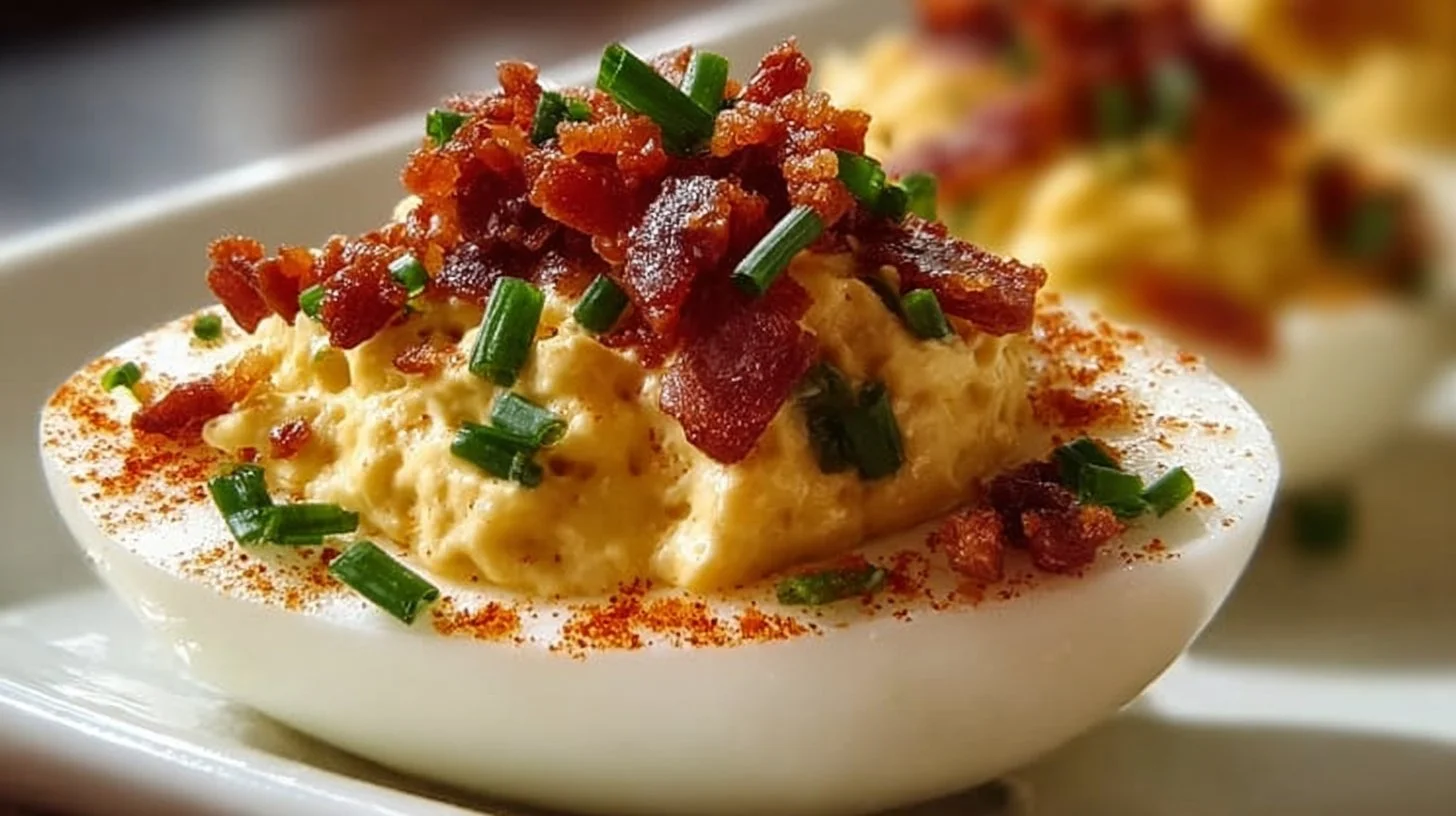 Delicious Million Dollar Bacon Deviled Eggs topped with crispy bacon bits
