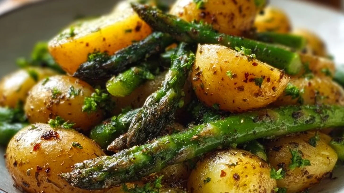 Delicious One-Pan Garlic Potatoes with Asparagus dish prepared for dinner