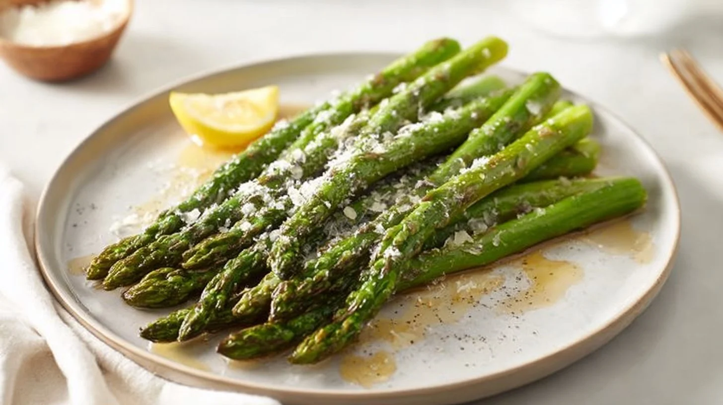 Oven baked asparagus with parmesan cheese, ready to serve as a healthy side dish.