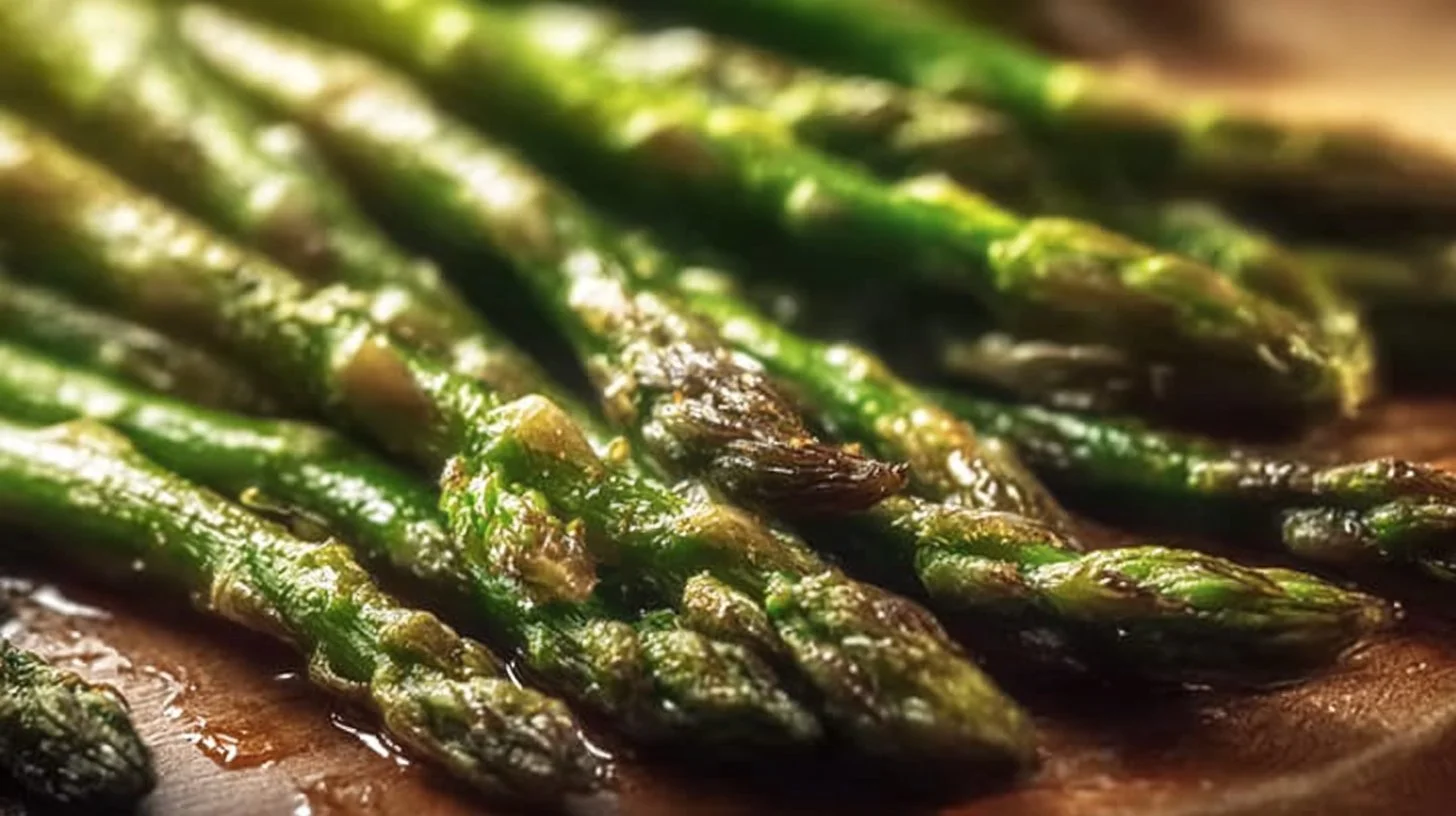 Plate of oven-roasted asparagus drizzled with olive oil and seasoning
