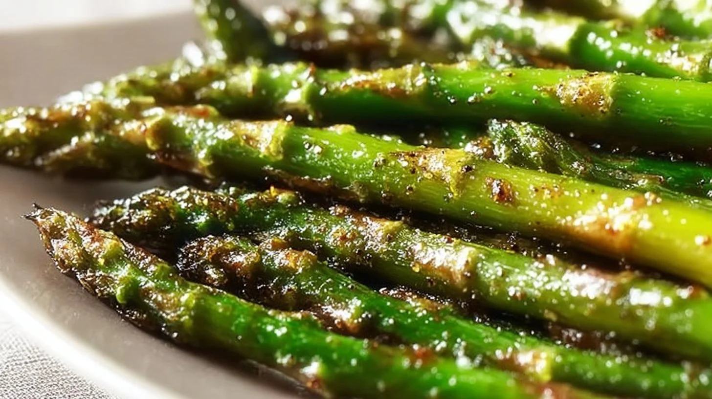 Plate of delicious oven roasted asparagus drizzled with olive oil and seasoning
