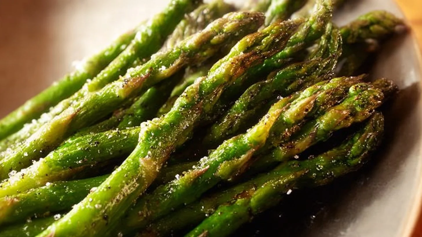 Plated oven roasted asparagus seasoned with garlic and lemon.