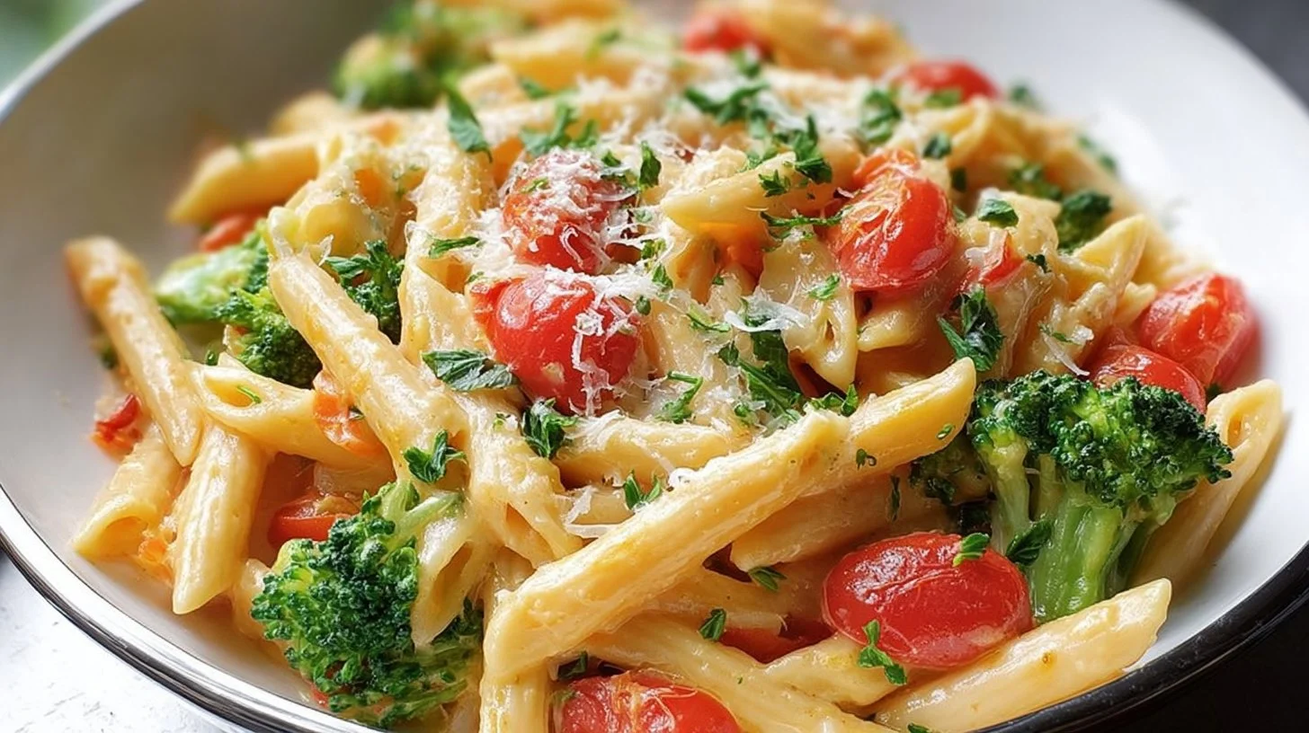 A colorful bowl of Pasta Primavera with fresh vegetables and pasta.