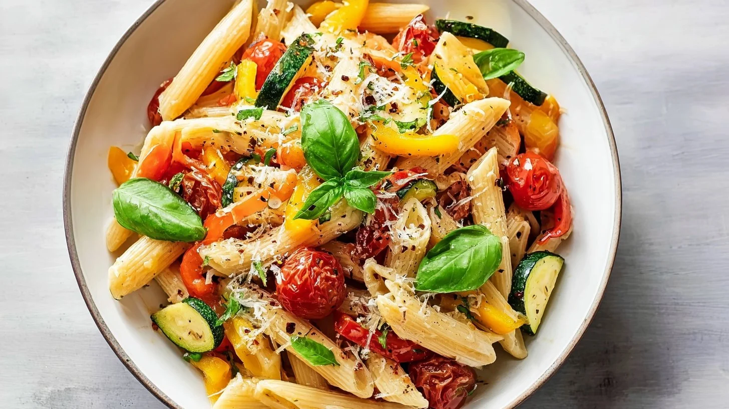 Colorful bowl of Pasta Primavera with fresh vegetables and herbs