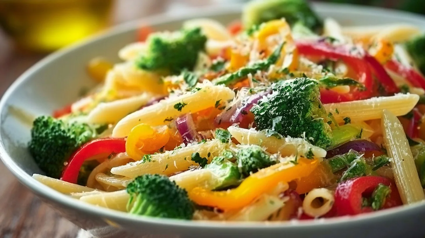 Plate of Pasta Primavera featuring colorful fresh vegetables