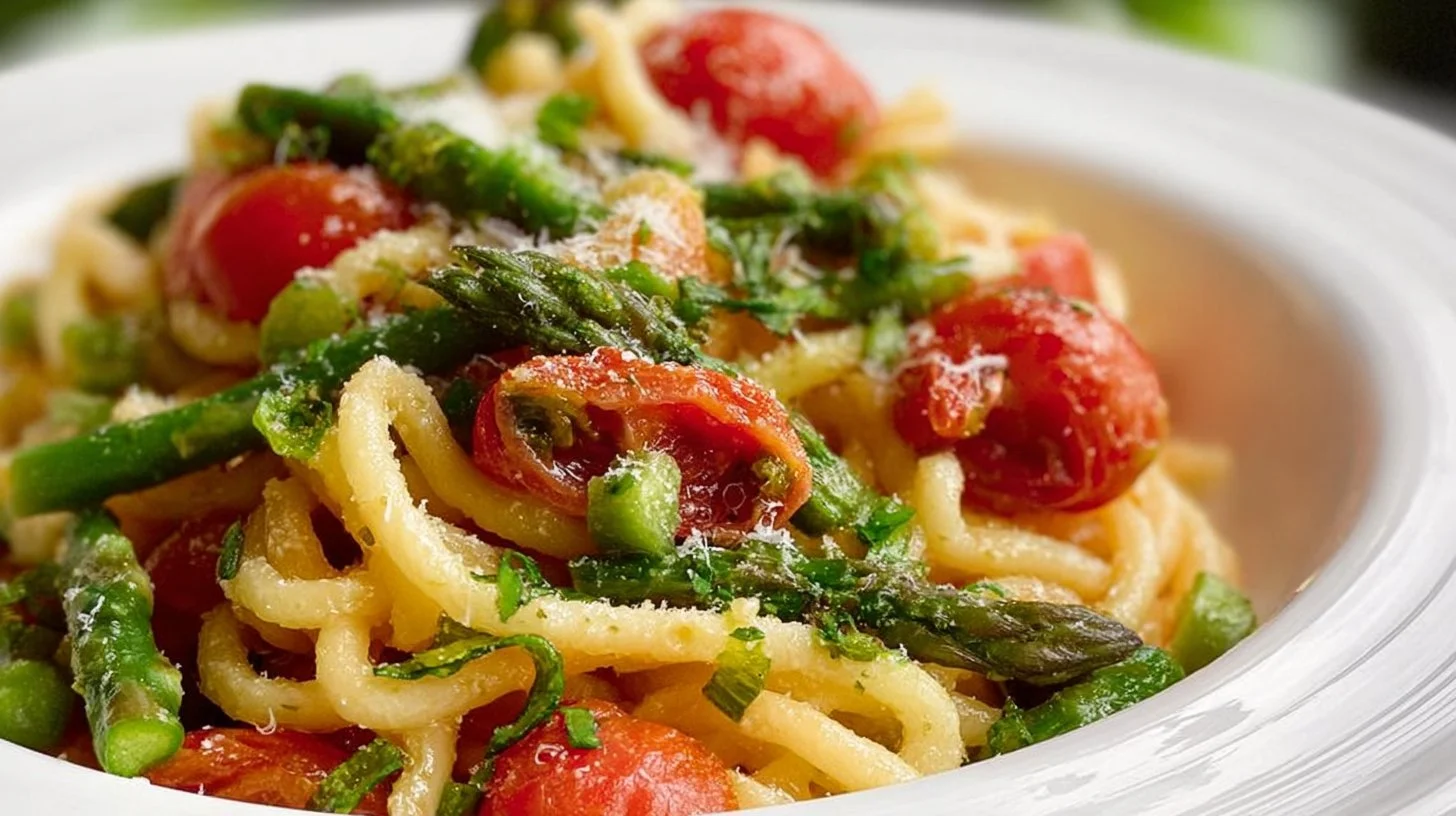 Delicious pasta dish with asparagus and cherry tomatoes in a vibrant sauce