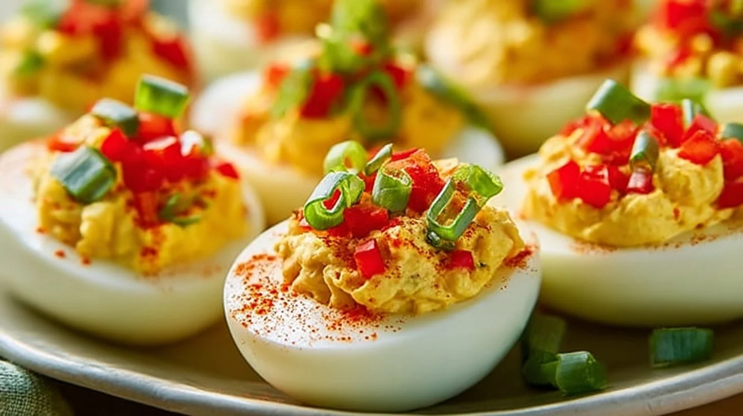 Plate of pimento cheese deviled eggs garnished and ready to serve