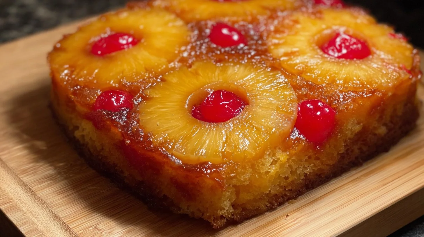 Pineapple Upside Down Cake with caramelized pineapples and cherries
