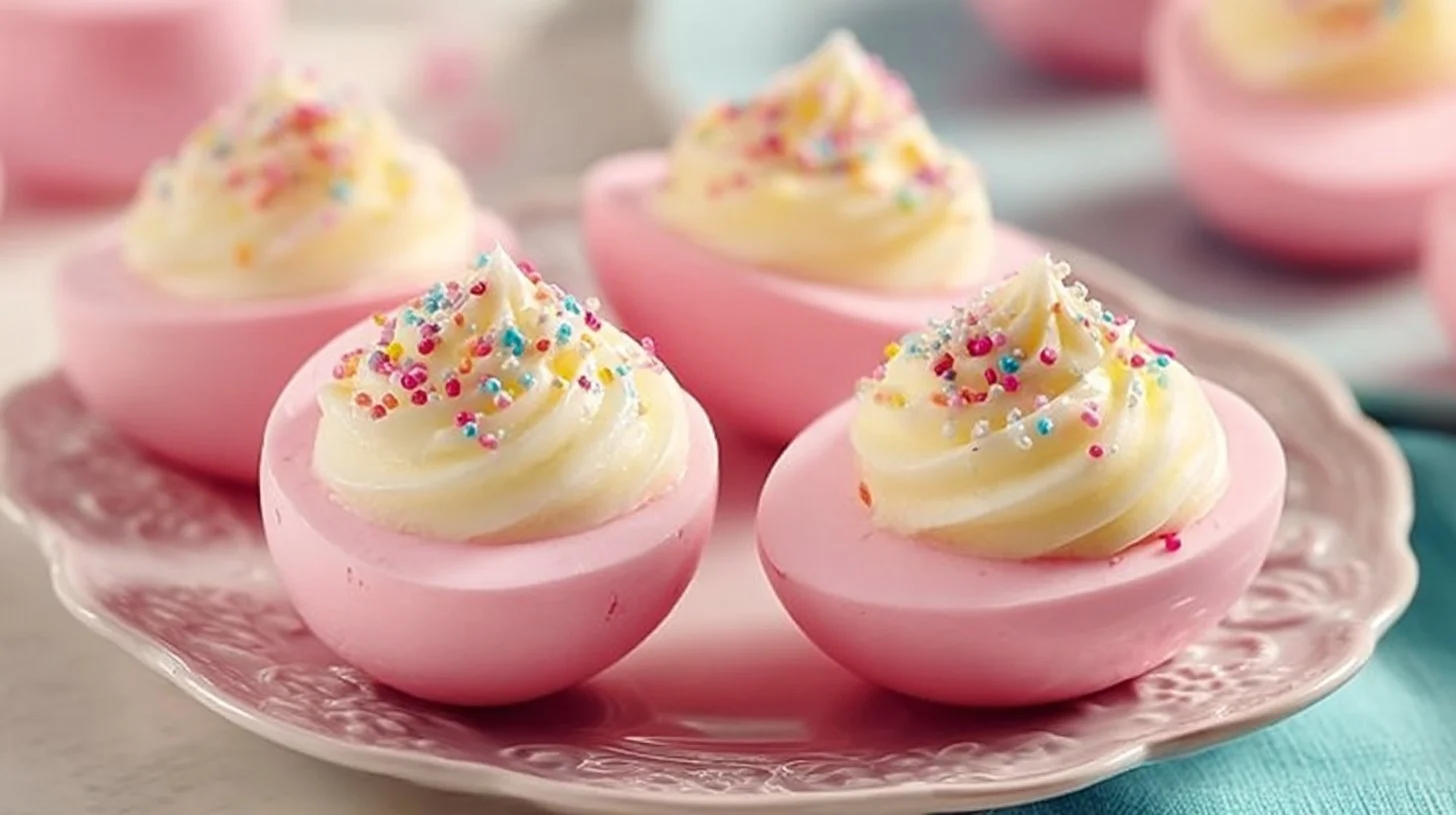 Pretty Pink Deviled Eggs garnished for a festive presentation