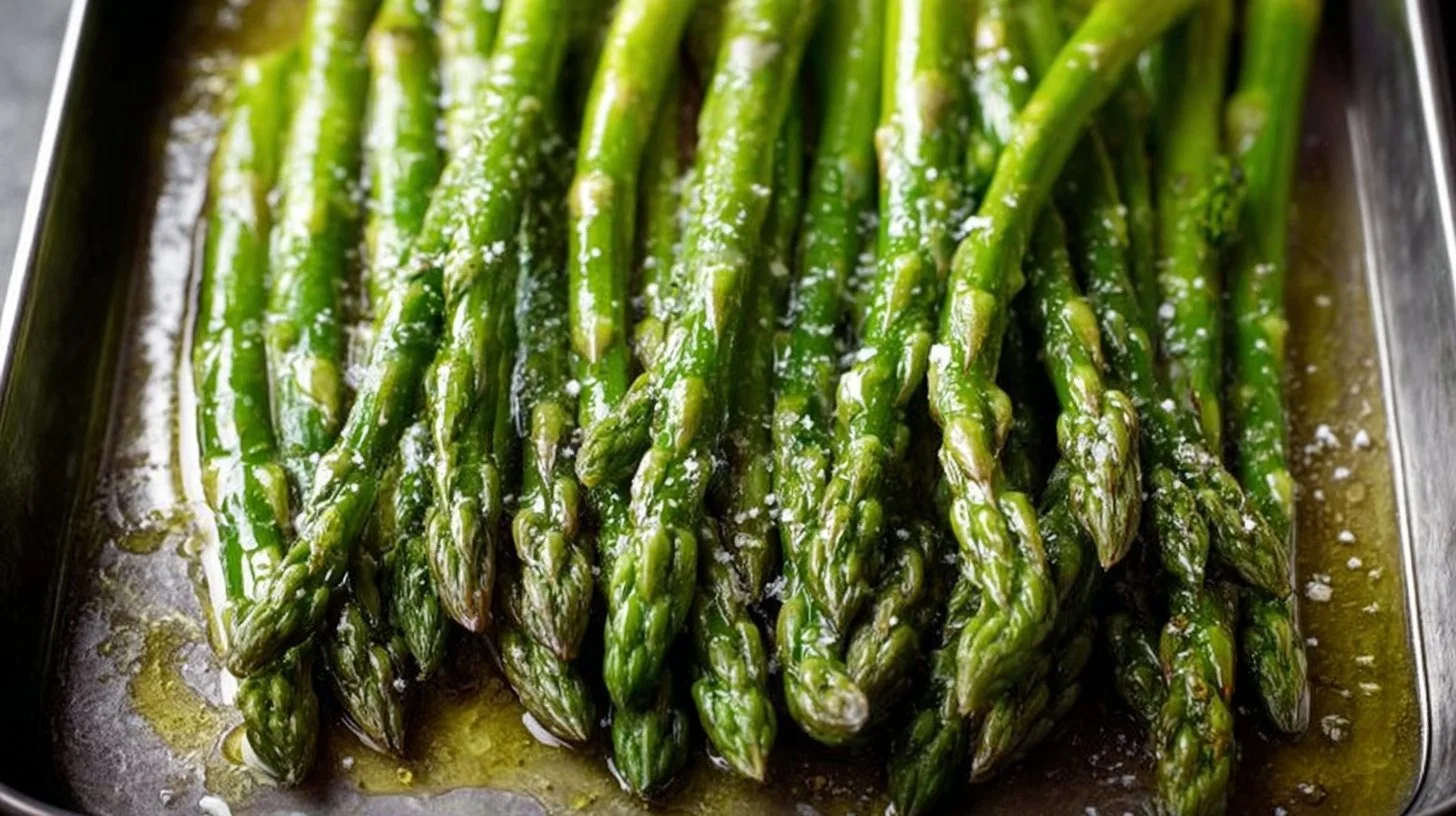 Plate of delicious roasted asparagus spears garnished with herbs