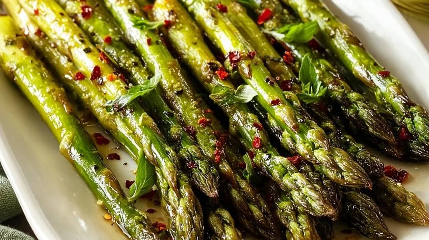 Plate of roasted asparagus garnished with lemon and herbs