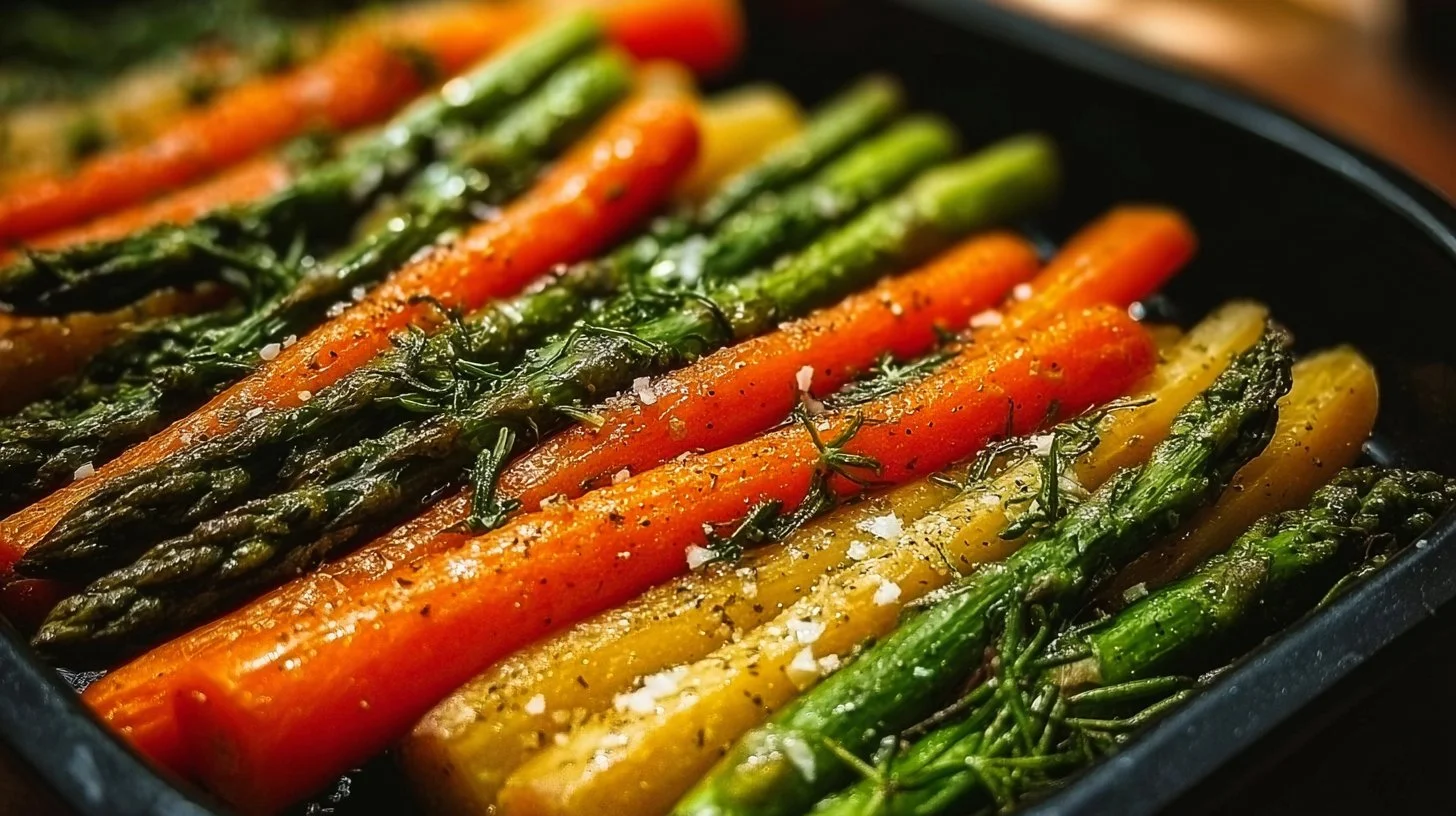 Delicious roasted asparagus and carrots served as an Easter side dish