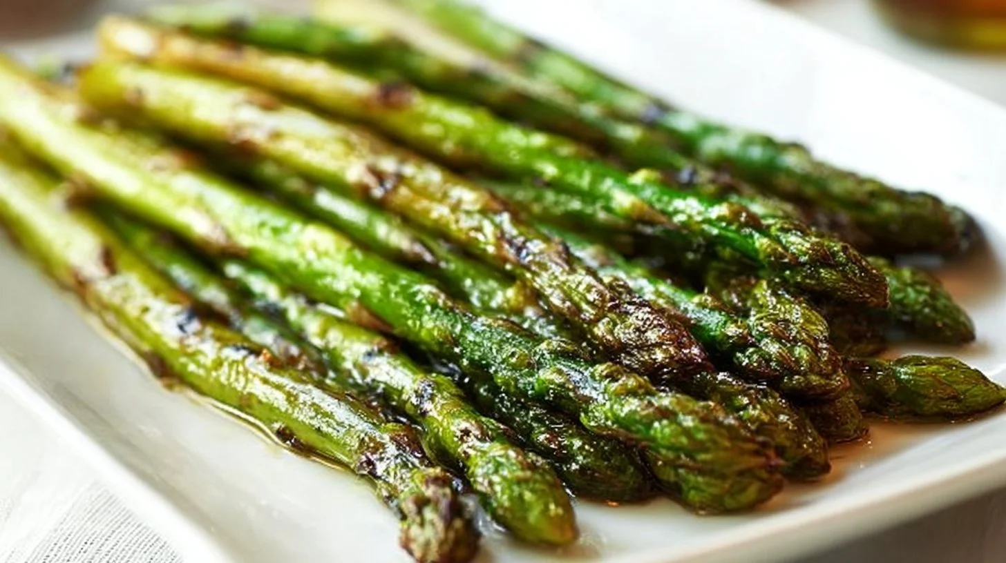 Plate of roasted asparagus drizzled with balsamic browned butter dressing