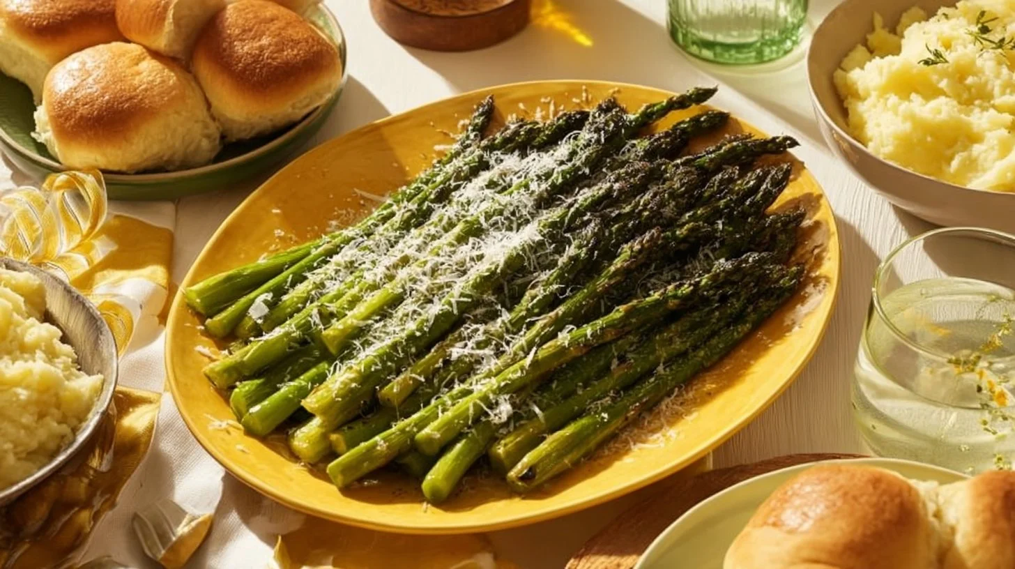 Plate of roasted asparagus topped with parmesan cheese