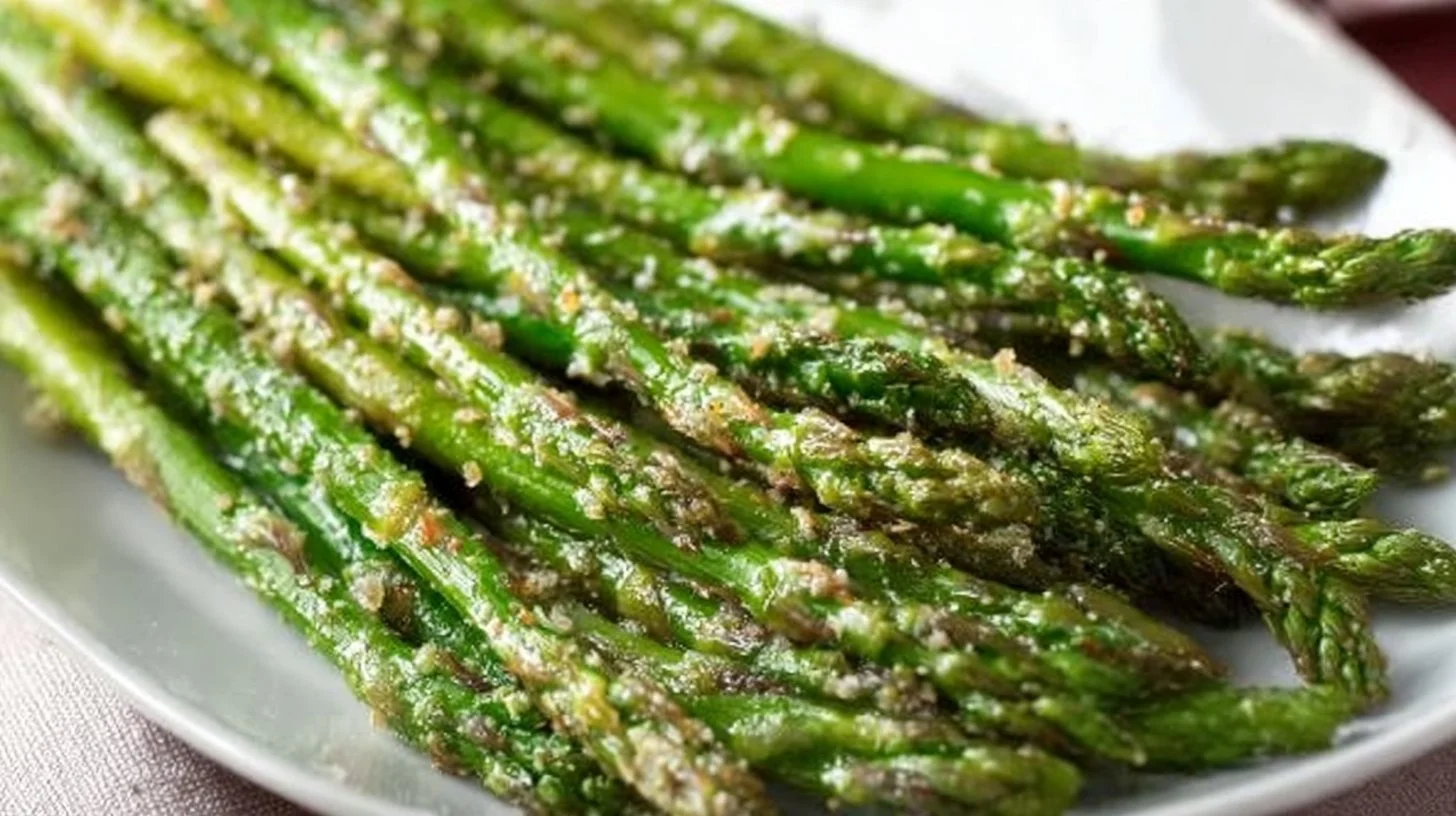 Roasted asparagus with Parmesan cheese garnished on a white plate