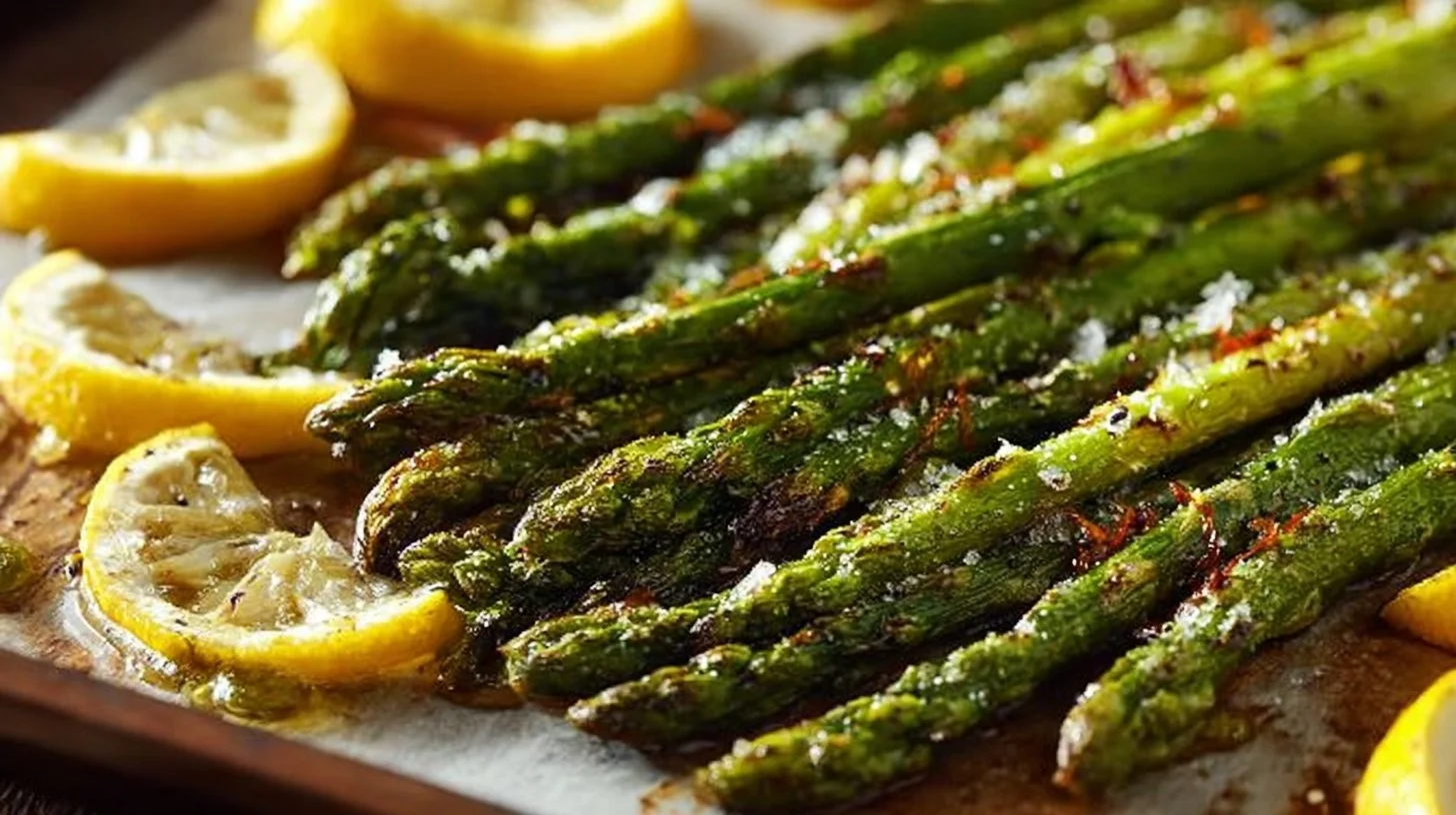 Delicious roasted asparagus garnished with parmesan and lemon zest