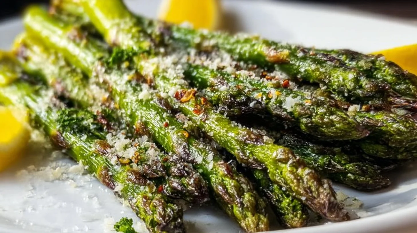 Roasted parmesan asparagus sprinkled with cheese and herbs on a baking tray
