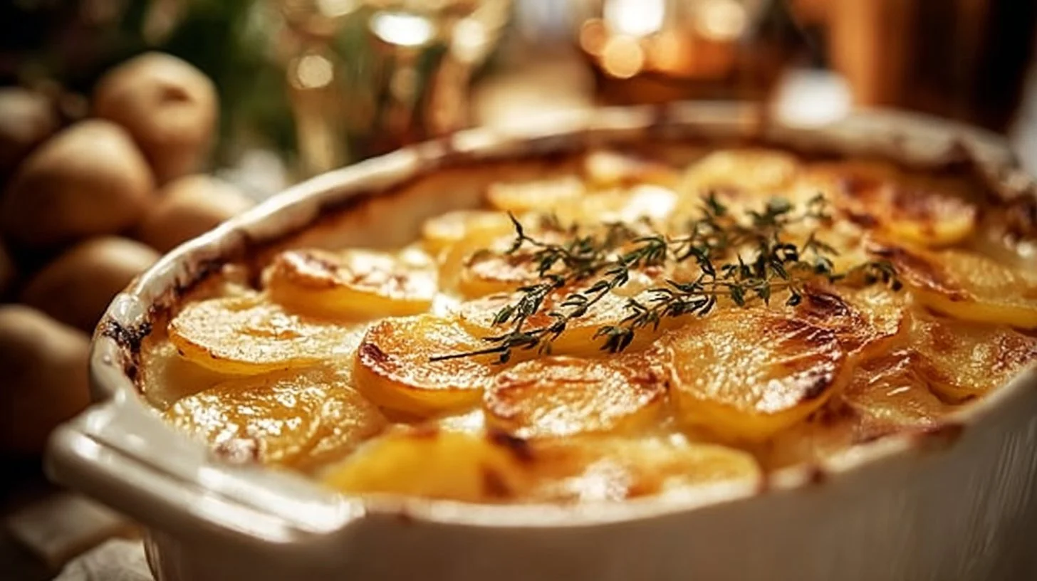 A delicious serving of creamy scalloped potatoes topped with cheese