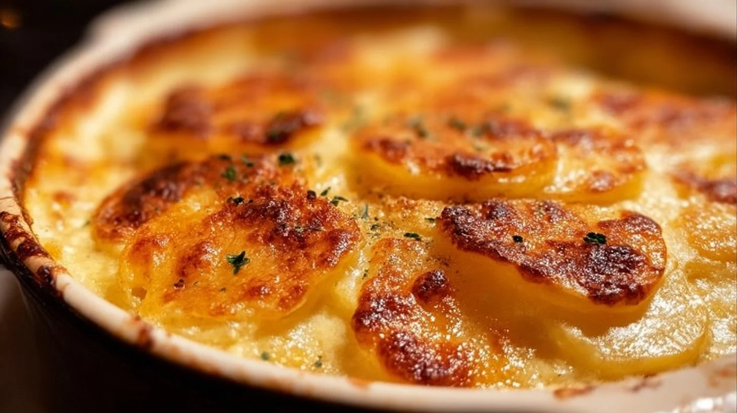 Delicious scalloped potatoes baked to a golden perfection with creamy cheese layers