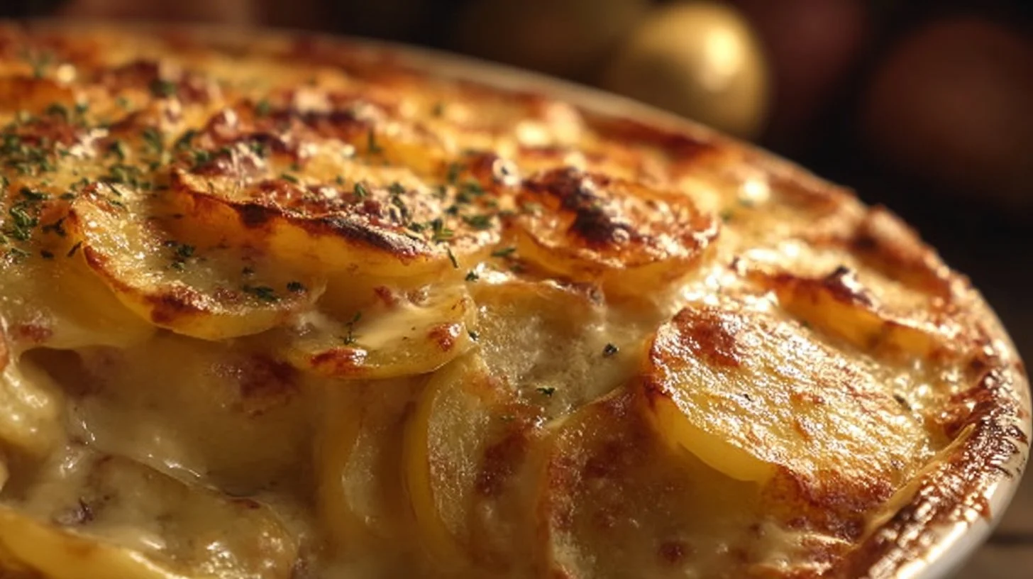 Layered scalloped potatoes with creamy sauce and cheese in a casserole dish.