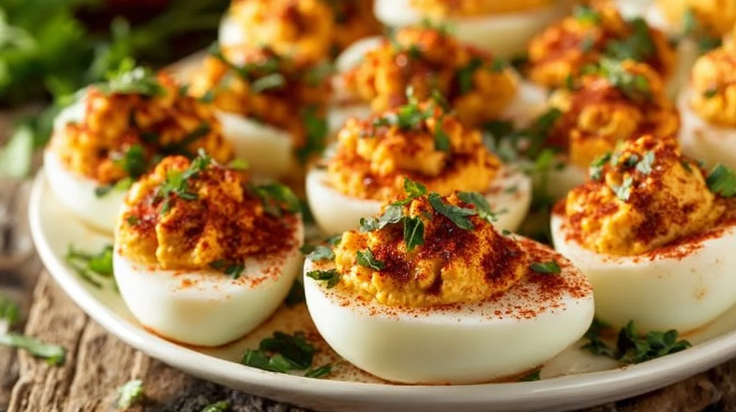 Spanish Deviled Eggs with paprika and olives.