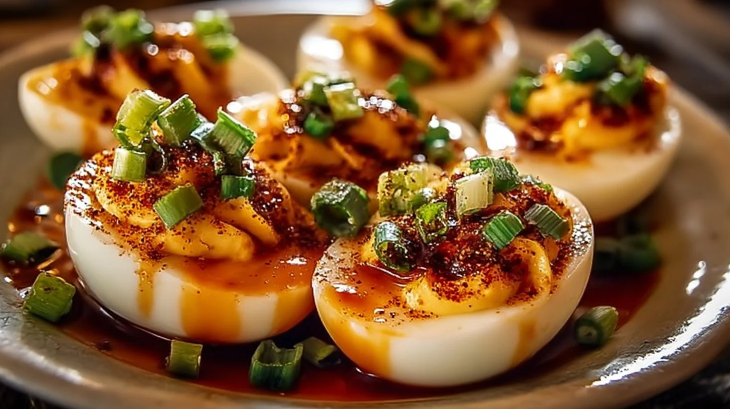 Spicy chili garlic deviled eggs garnished with herbs