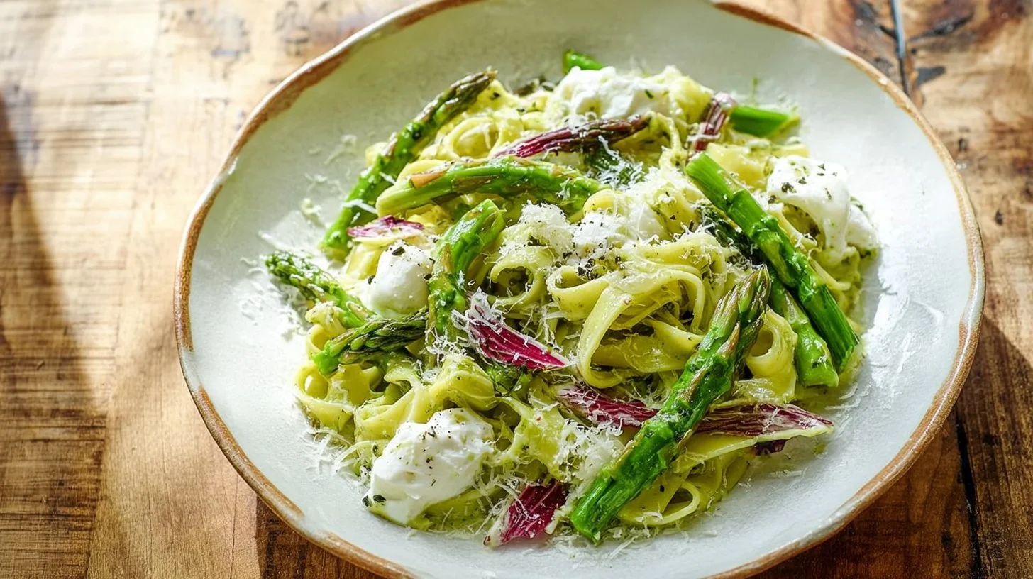 Spring pasta with leek and pea sauce served in a bowl