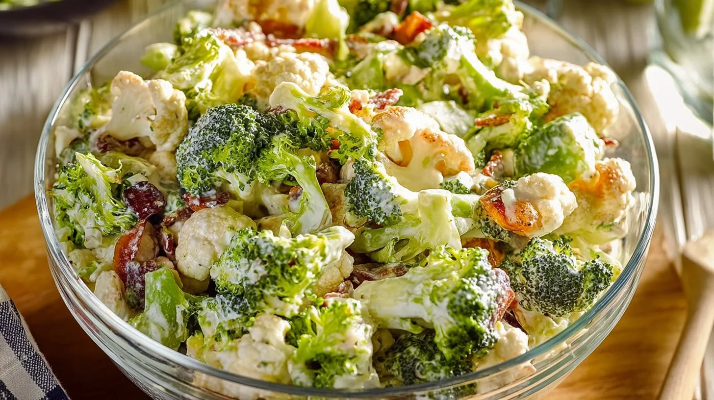 Sweet broccoli cauliflower salad with colorful veggies in a bowl.