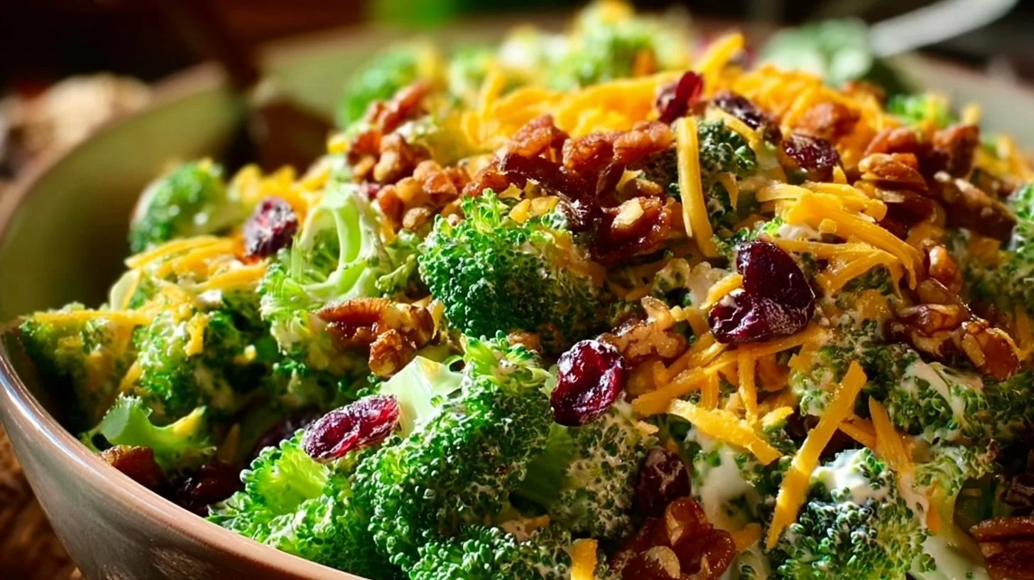 Delicious and crunchy broccoli salad in a bowl, perfect for family gatherings.