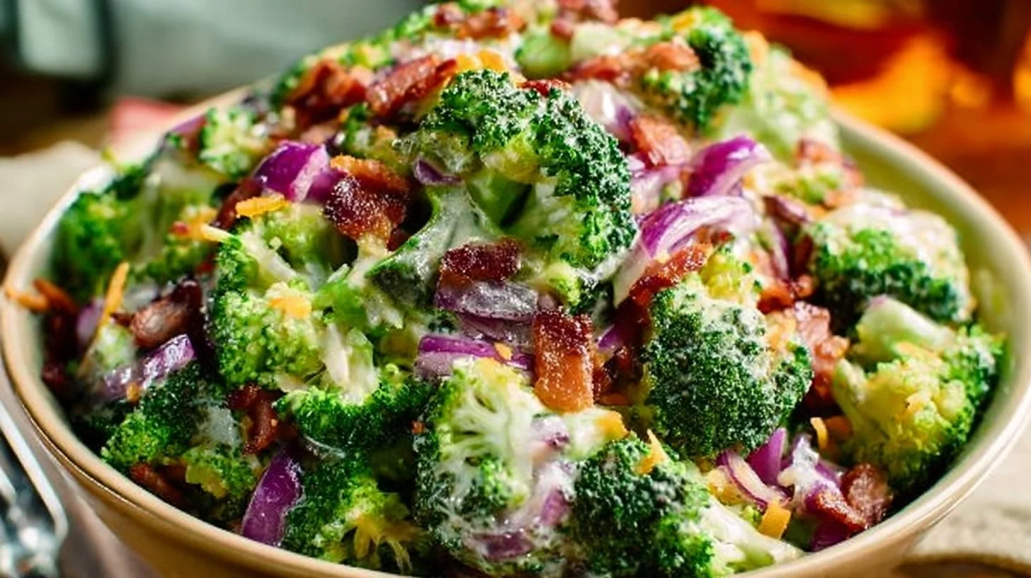 Delicious and colorful broccoli salad with crunchy vegetables and dressing