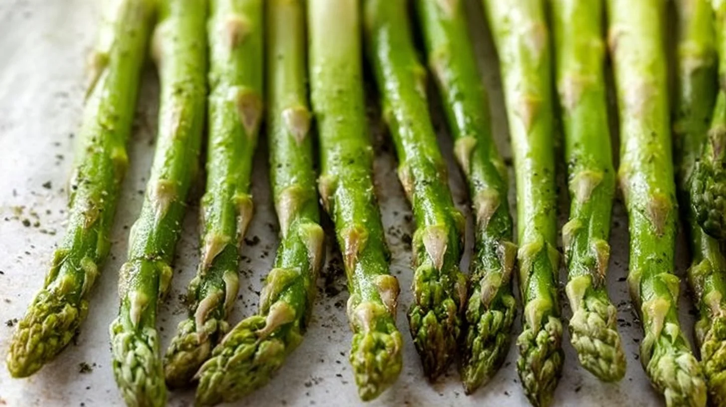 Perfectly roasted asparagus on a white plate with herbs and seasoning