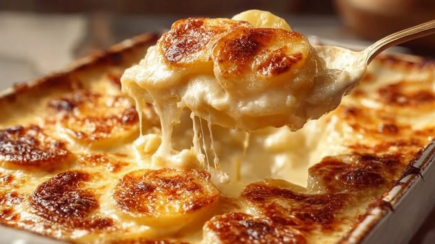 Creamy cheesy scalloped potatoes baked to perfection with layers of cheese.