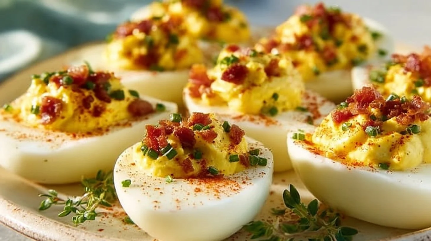 Plate of ultimate deviled eggs garnished with paprika and herbs