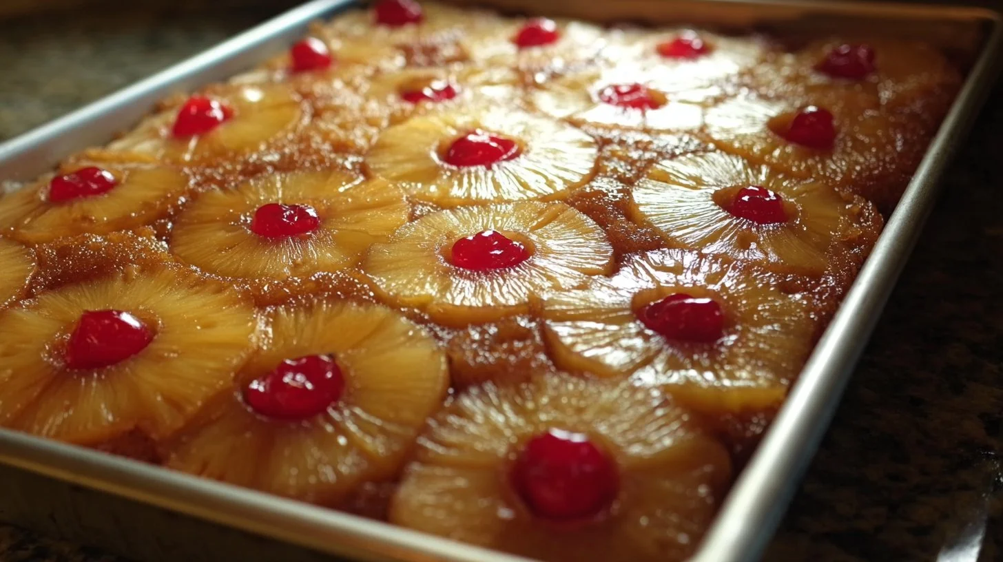 Delicious upside-down cake garnished with fresh fruit and caramel glaze