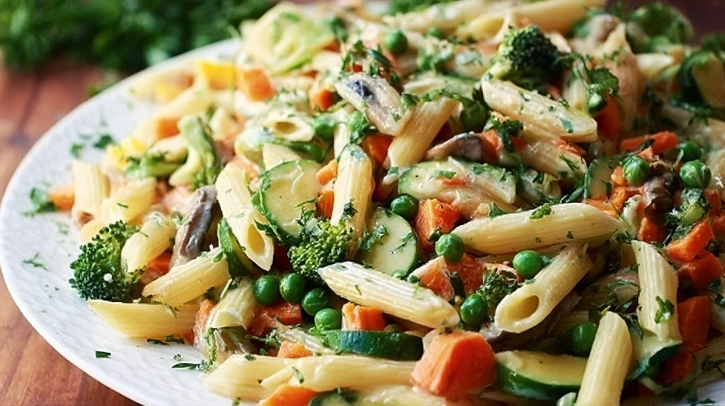 Colorful dish of vegetable pasta with fresh veggies and herbs