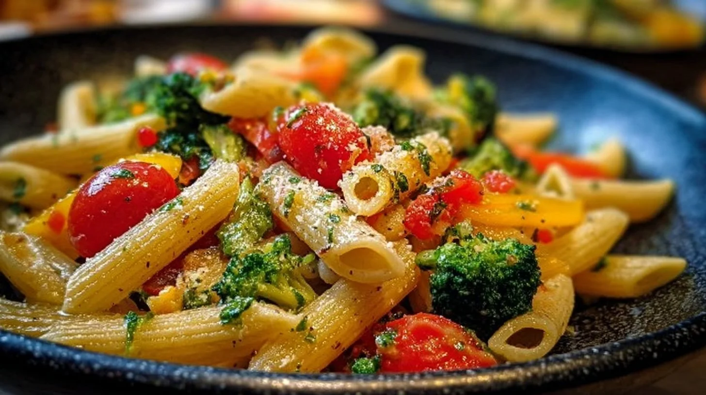 A vibrant bowl of Pasta Primavera showcasing colorful vegetables and pasta.