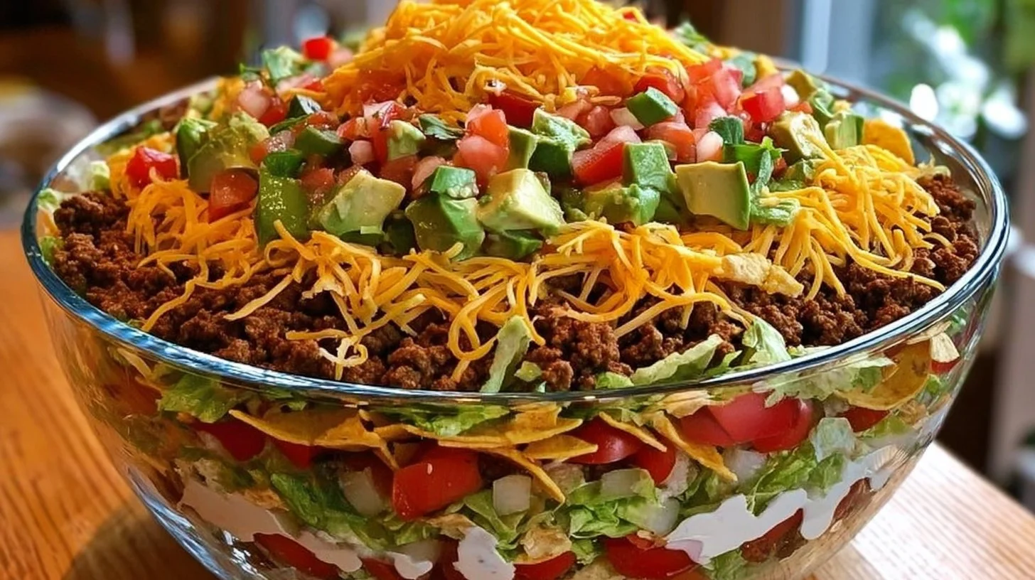 7 Layer Taco Salad with fresh ingredients and vibrant colors
