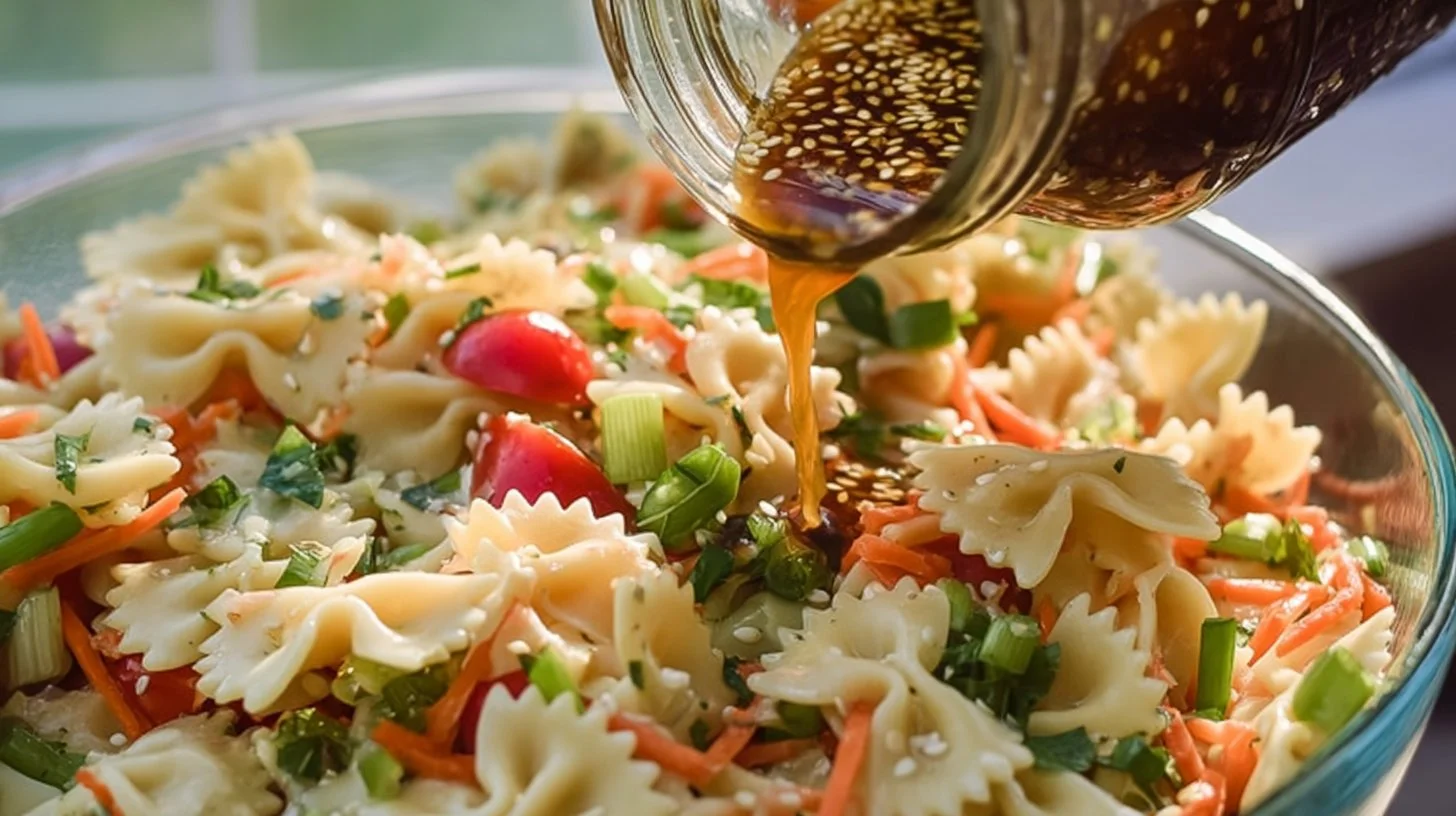 A vibrant Asian pasta salad with colorful vegetables and dressing in a bowl.