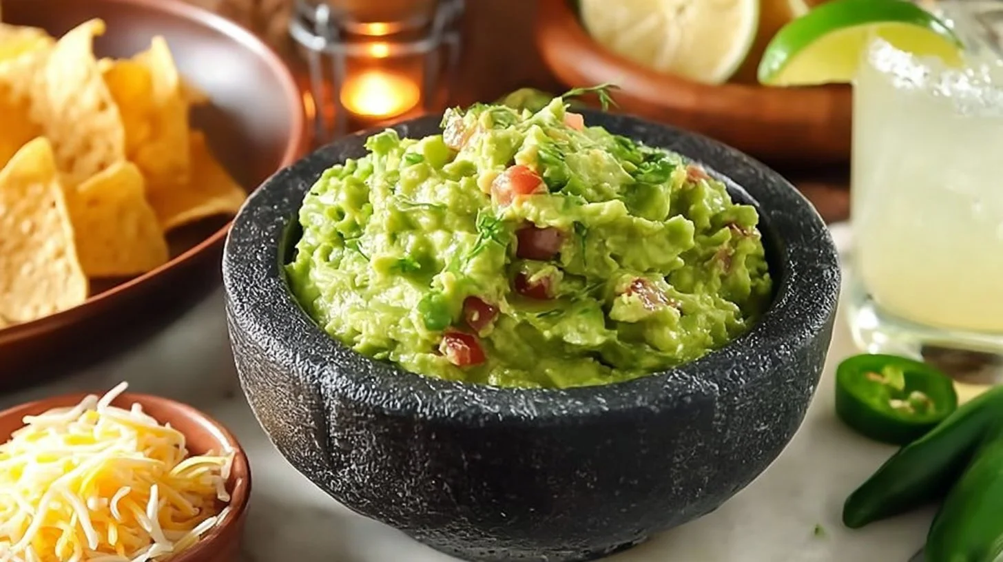Bowl of authentic guacamole served with tortilla chips