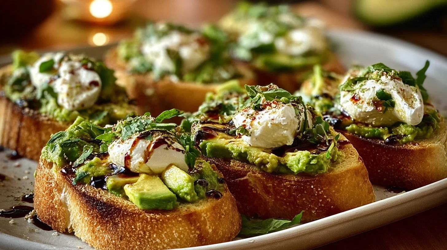 Avocado Burrata Bruschetta on a wooden platter with fresh ingredients