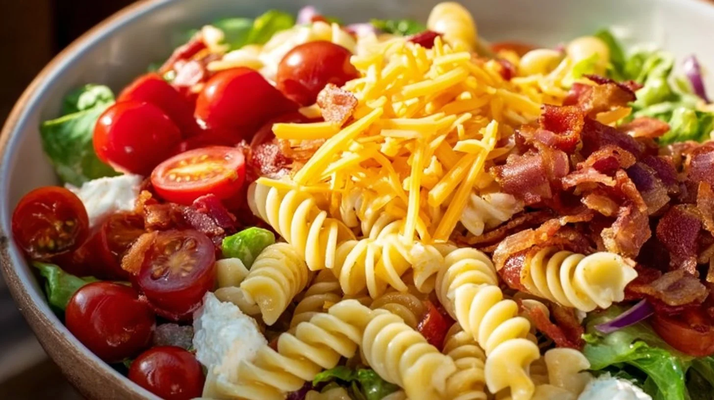 Bacon Lettuce Tomato Pasta Salad with vibrant ingredients and colors