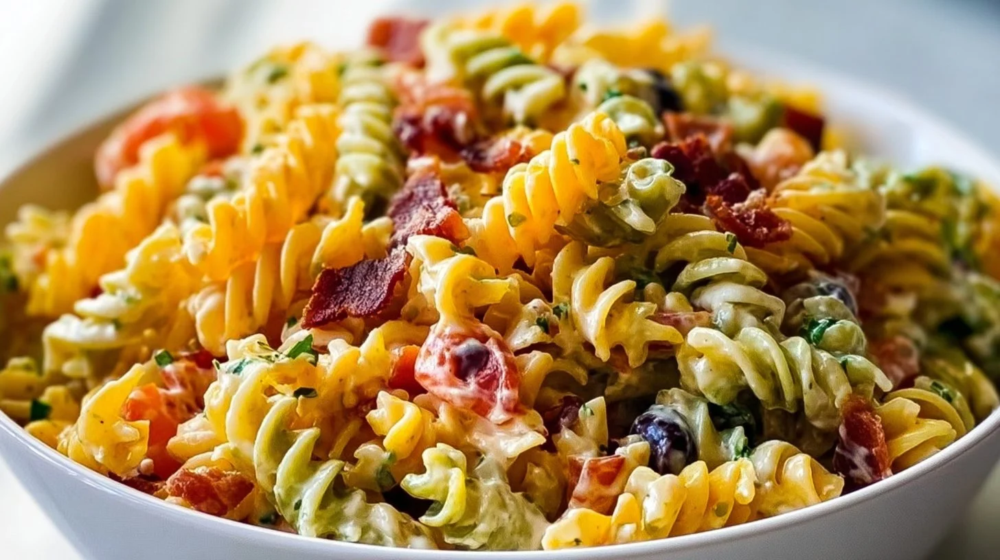 Bacon Ranch Pasta Salad with crispy bacon and creamy dressing in a bowl.