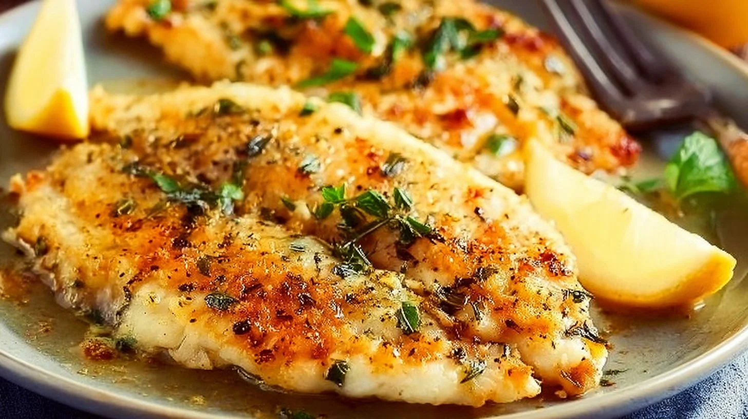 Deliciously baked tilapia served on a plate with lemon and herbs.