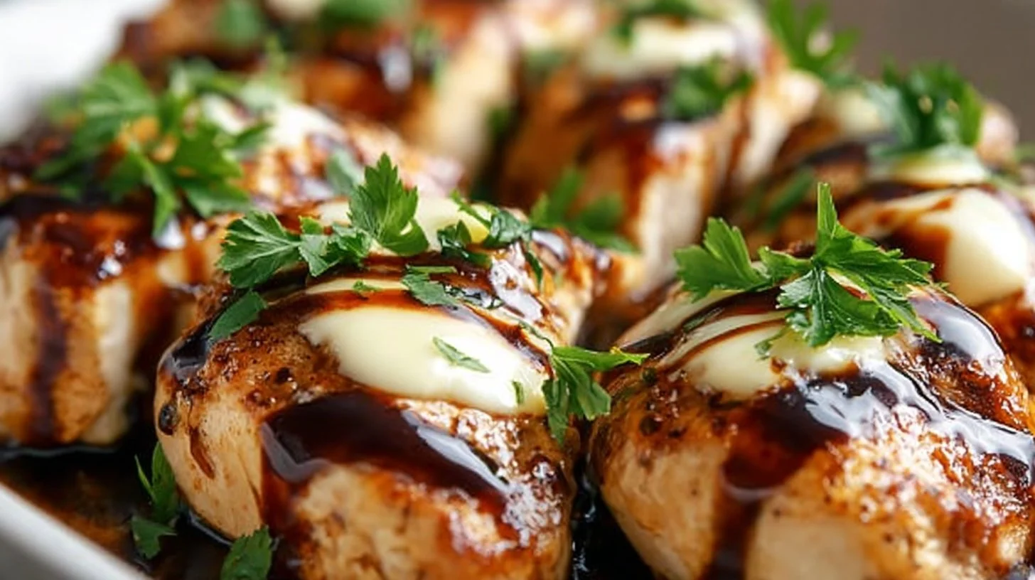 Juicy balsamic baked chicken breast garnished with herbs on a plate